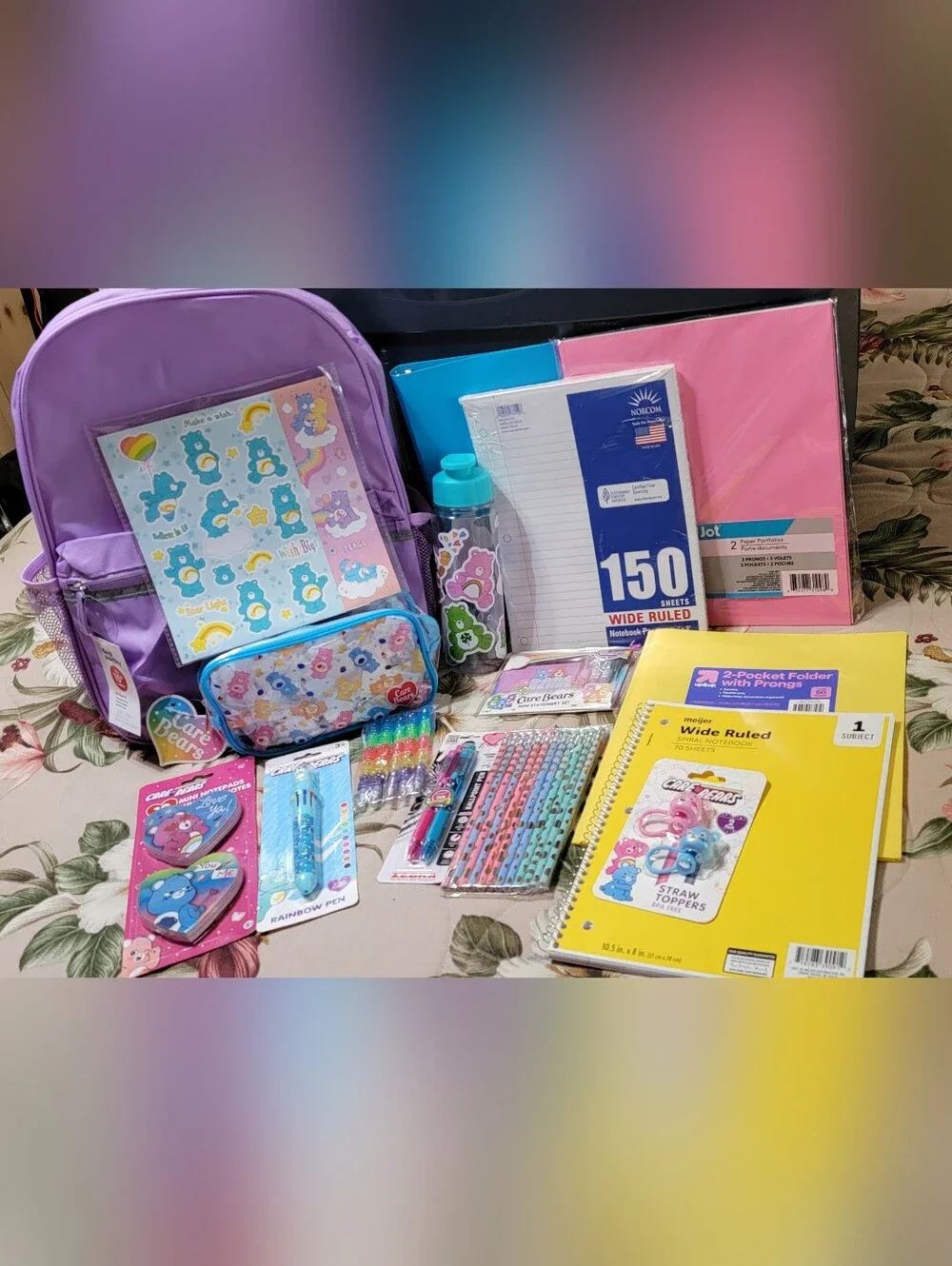 820-Care Bears Purple Backpack with  Matching Pencil Case and Accessories